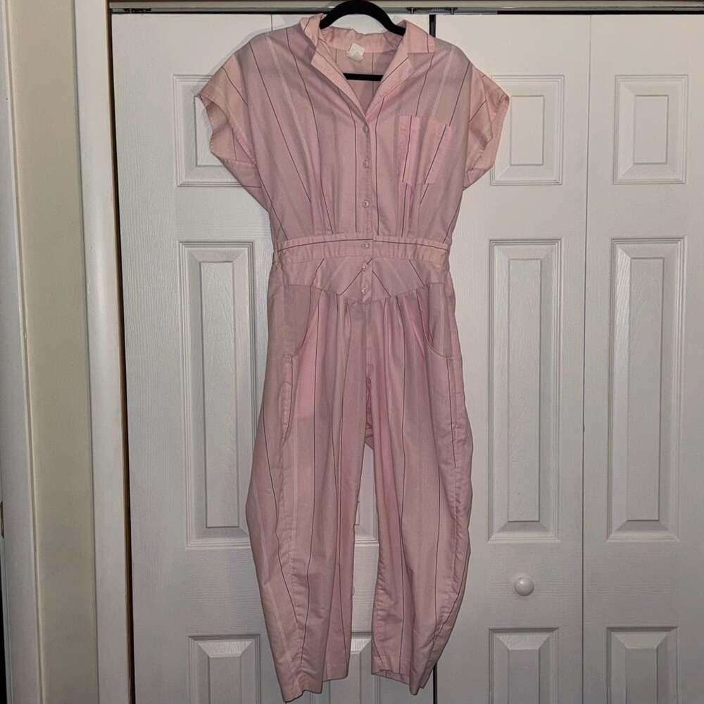 Vintage 80s 90s Pink Striped Jumpsuit Size 11 Made in USA Tapered Utility Romper
